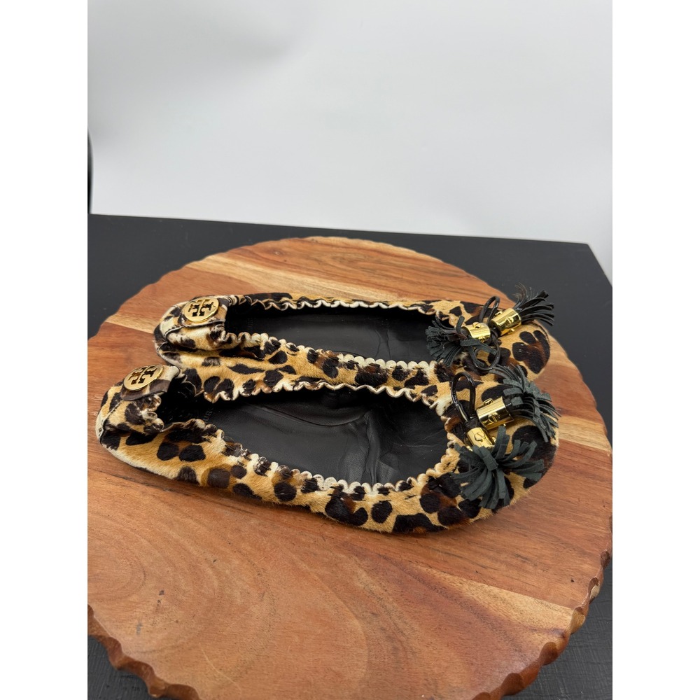 Tory Burch Reese Leopard Calf Hair Tassel Ballet Flats 8.5 Brown Animal Print